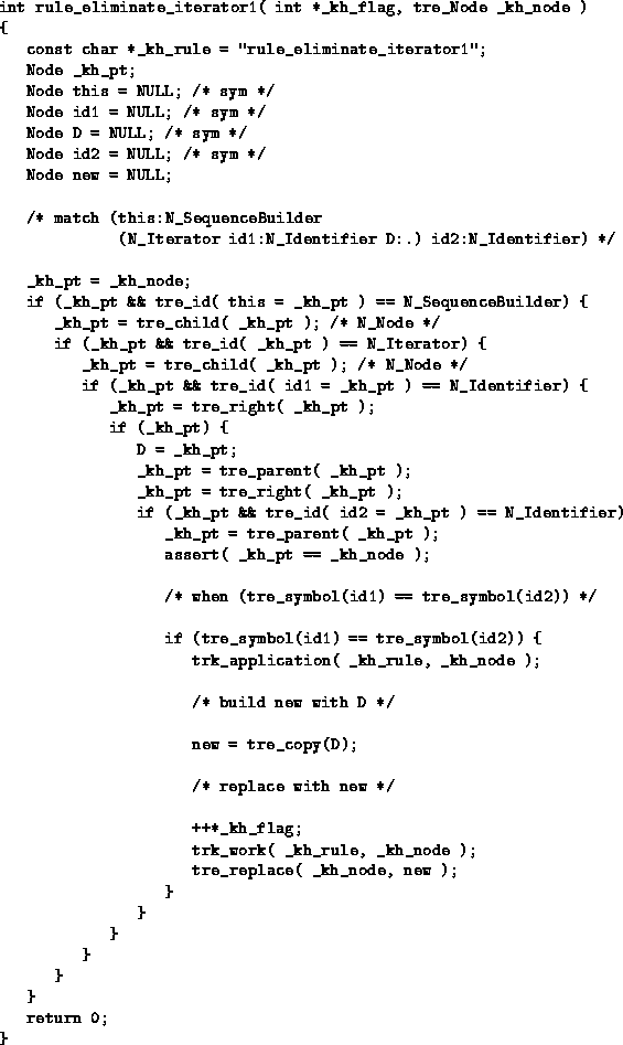 \begin{figure}
 \begin{center}
\begin{verbatim}
int rule_eliminate_iterator1( in...
 ...de, new );
 }
 }
 }
 }
 }
 }
 return 0;
}\end{verbatim} \end{center}\end{figure}