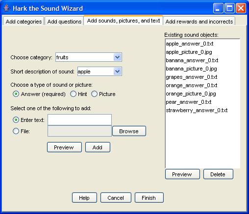 A screen shot of the Hark the Sound 2.0 wizard when adding sounds, pictures, and text to an existing game.