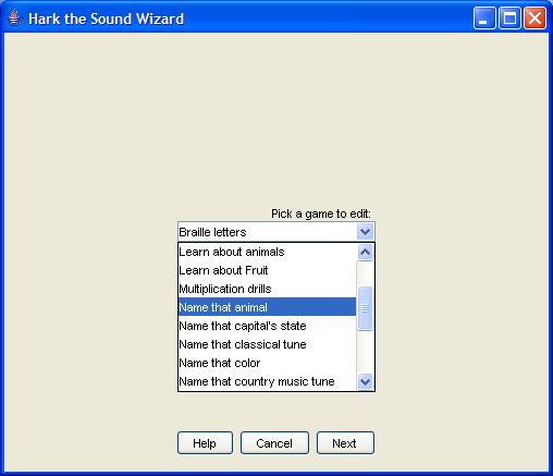A screen shot of the Hark the Sound 2.0 wizard when choosing a game to edit.