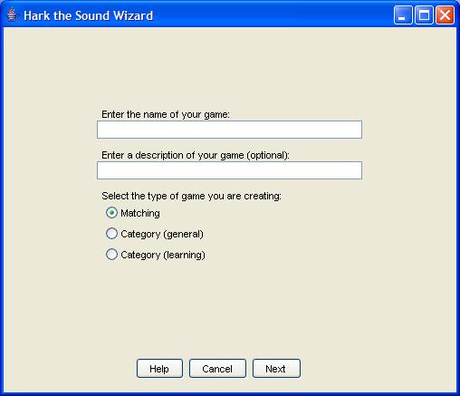 A screen shot of the Hark the Sound 2.0 wizard when entering information (name, description, type) for a new game.