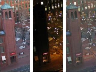 Use of a daytime image (left) to enhance a nighttime image (middle); result (right)
