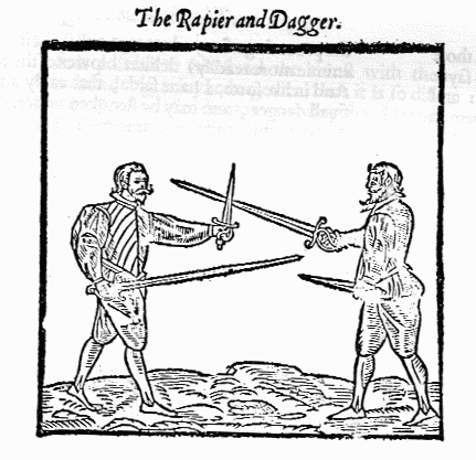 IMAGE:  Two duellists with rapier and dagger.