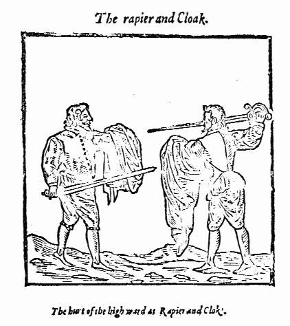 IMAGE:  Two duellists armed with rapier and cloak.