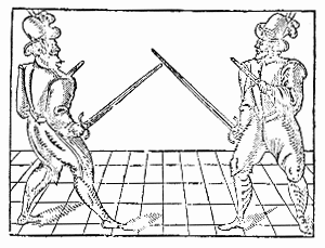 IMAGE:  Two duelists on guard in the second ward of rapier and dagger.