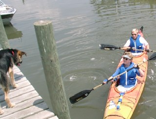 Kayaking in Swansboro NC, Joni, Kurtis and dog Emma to left.